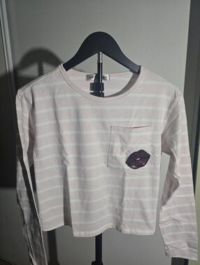Kids Pink & White Striped Long-Sleeve Tee with Sequin Lip Patch